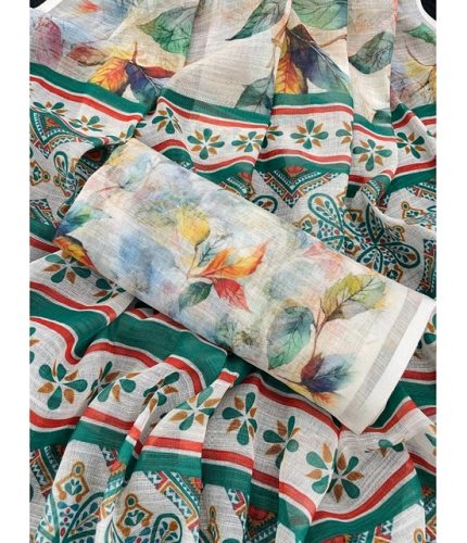 Generic Women's Linen Cotton  Printed Saree With Unstitched Blouse 5.5Mtr (Green)