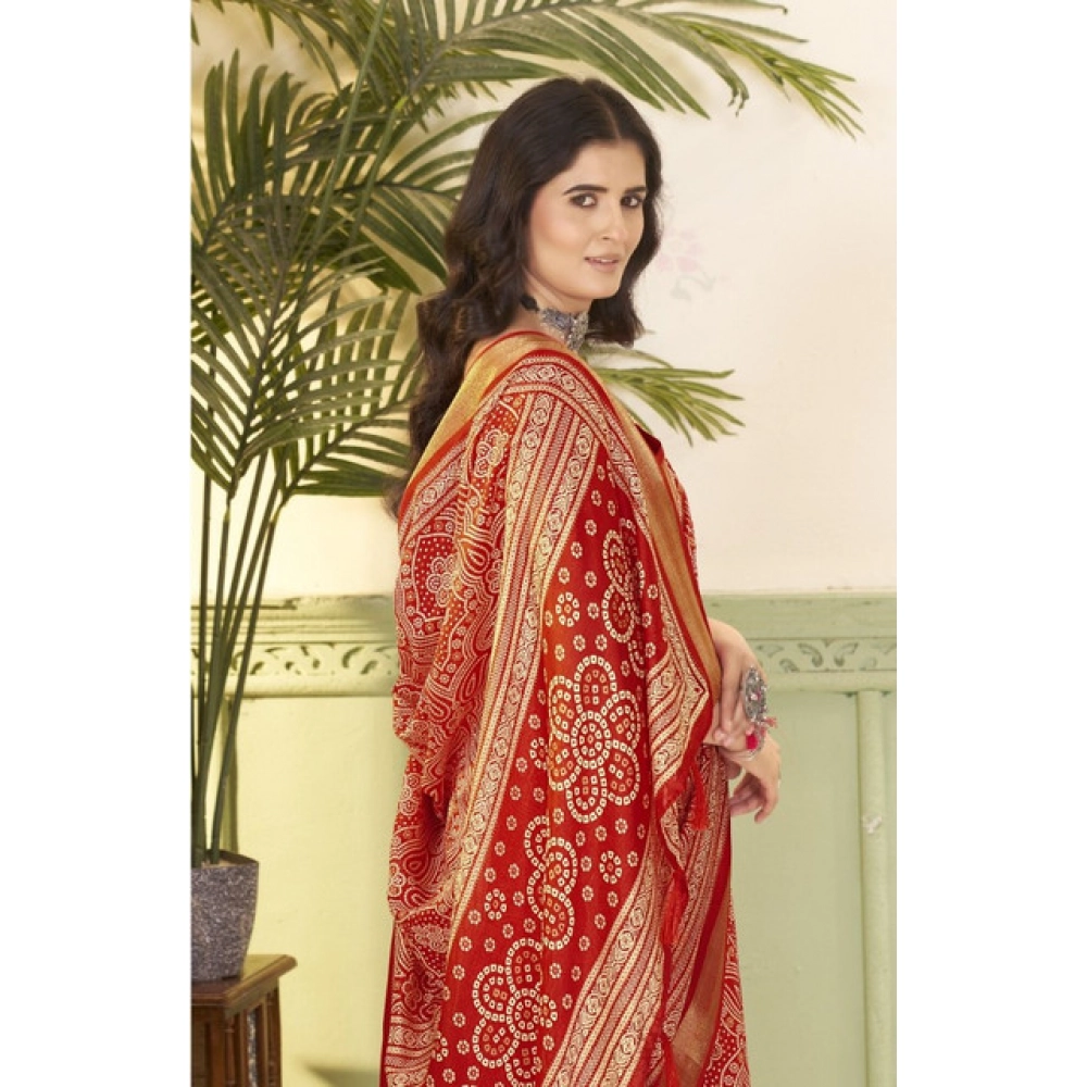 Women's Cotton Silk Floral Printed Saree With Unstitched Blouse 5.5Mtr (Red)
