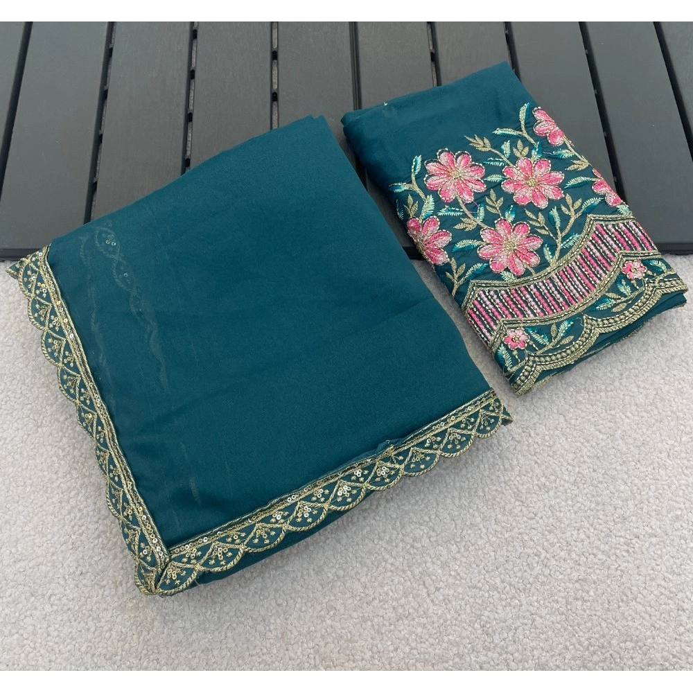 Generic Women's Georgette Embellished Saree With Unstitched Blouse 5.5Mtr�(Teal)