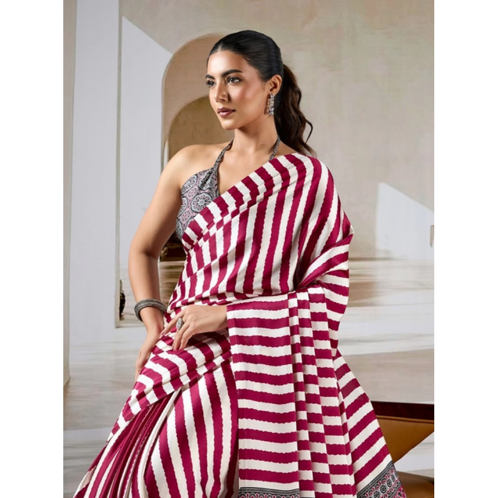 Generic Women's Satin Crepe Printed Saree With Unstitched Blouse 5.5Mtr (Maroon)