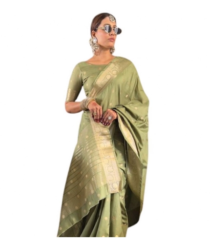 Generic Women's Satin Printed Saree With Unstitched Blouse 5.5Mtr (Green)