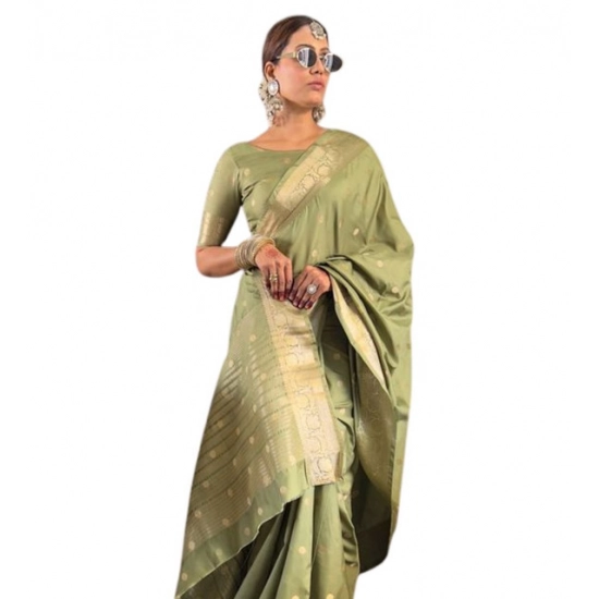 Generic Women's Satin Printed Saree With Unstitched Blouse 5.5Mtr (Green)