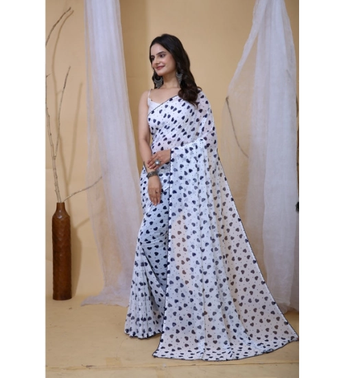 Generic Women's Georgette Printed Saree With Unstitched Blouse 5.5Mtr (White-Blue)