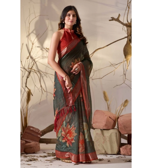 Generic Women's Faux_Linen Printed Saree With Unstitched Blouse 5.5Mtr (Dark_Green)