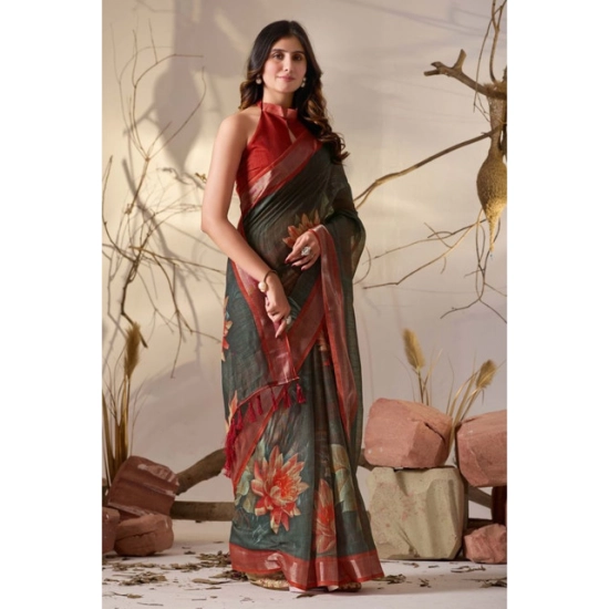 Generic Women's Faux_Linen Printed Saree With Unstitched Blouse 5.5Mtr (Dark_Green)
