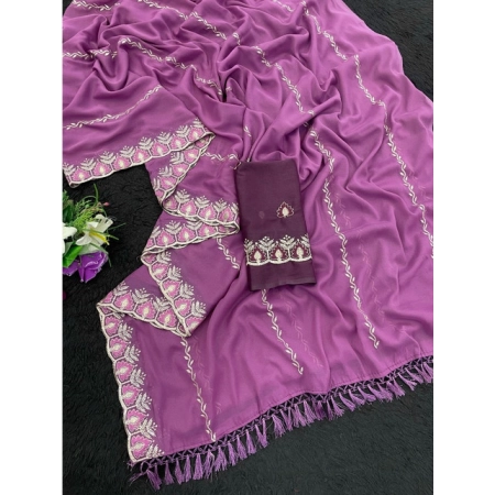 Generic Women's Georgette Embroidered Saree With Unstitched Blouse 5.5Mtr (Purple)