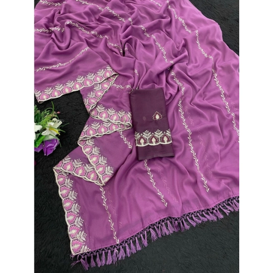 Generic Women's Georgette Embroidered Saree With Unstitched Blouse 5.5Mtr (Purple)