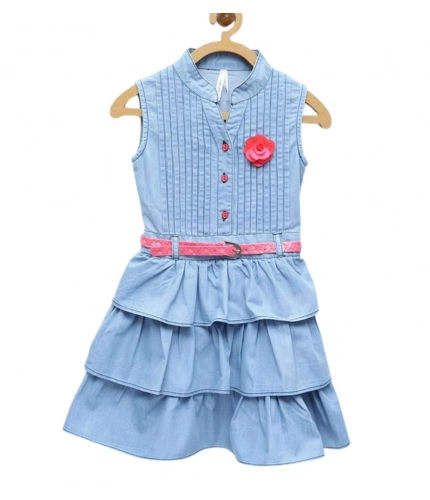 Generic Girl's Denim Embellished Sleeveless Dress with Belt (Light Blue)