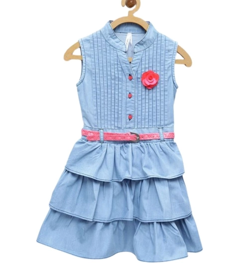 Generic Girl's Denim Embellished Sleeveless Dress with Belt (Light Blue)