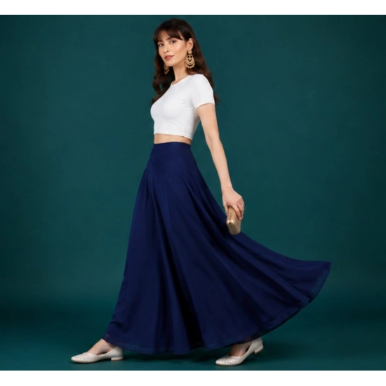 Generic Women's Georgette Solid Mid-Rise Wide Leg Flared Palazzo Pants with Elastic Waist (Navy Blue)