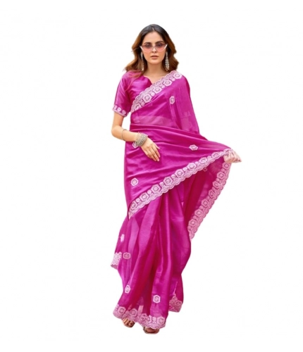 Generic Women's Faux Shimmer Geometric Ready to wear Saree With Unstitched Blouse 5.5Mtr (Pink)