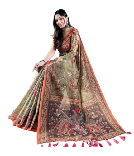 Generic Women's Linen Printed Saree With Unstitched Blouse 5.5Mtr (Sea Green)