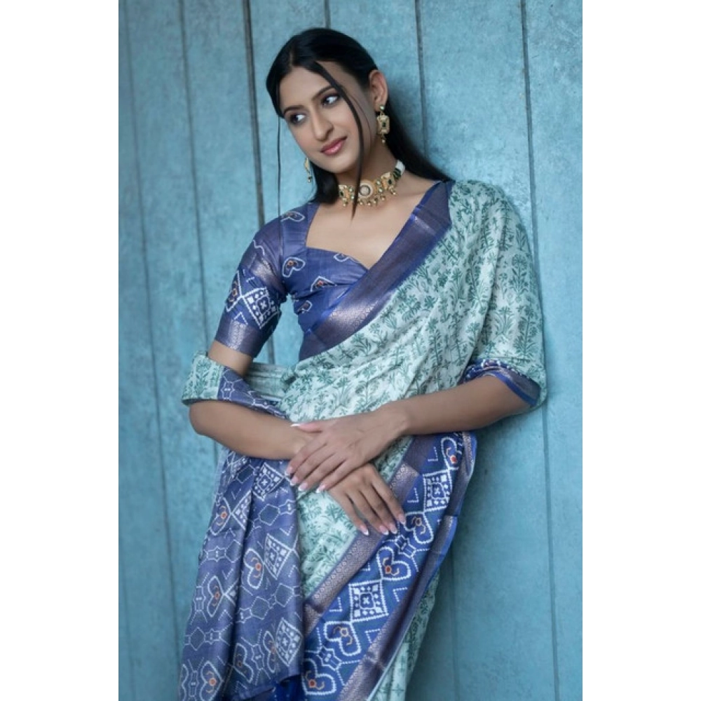 Women's Polyester Printed Saree With Unstitched Blouse 5.5 Mtr (Green)