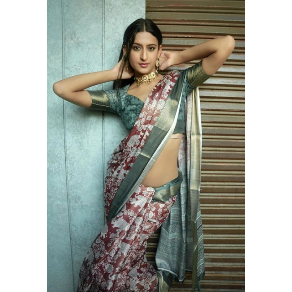 Women's Polyester Printed Saree With Unstitched Blouse 5.5 Mtr (Maroon)