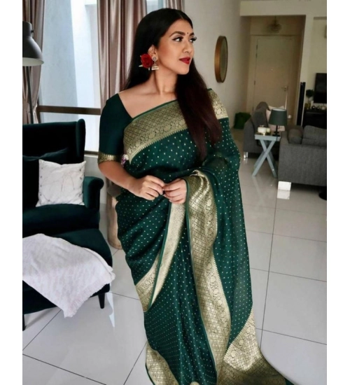 Generic Women's Litchi silk Printed Saree With Unstitched Blouse (Green)