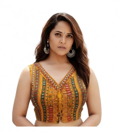 Generic Women's Cambric Cotton V Neck Padded Blouse (Mustard, 38 Ready Size (Self-Alterable 36–40)