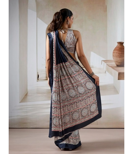 Generic Women's Satin Crepe Printed Saree With Unstitched Blouse 5.5Mtr (Navy Blue)