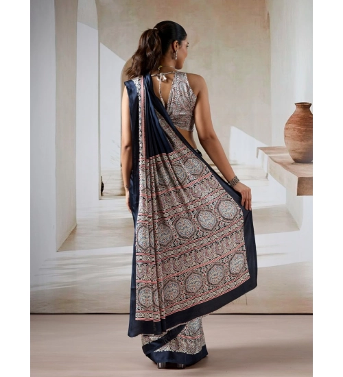 Generic Women's Satin Crepe Printed Saree With Unstitched Blouse 5.5Mtr (Navy Blue)