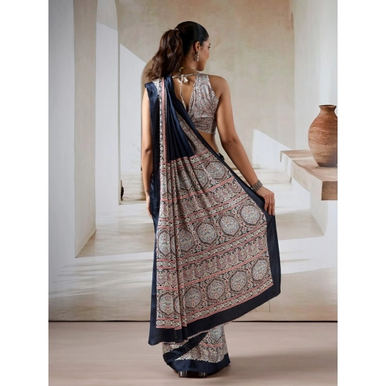 Generic Women's Satin Crepe Printed Saree With Unstitched Blouse 5.5Mtr (Navy Blue)