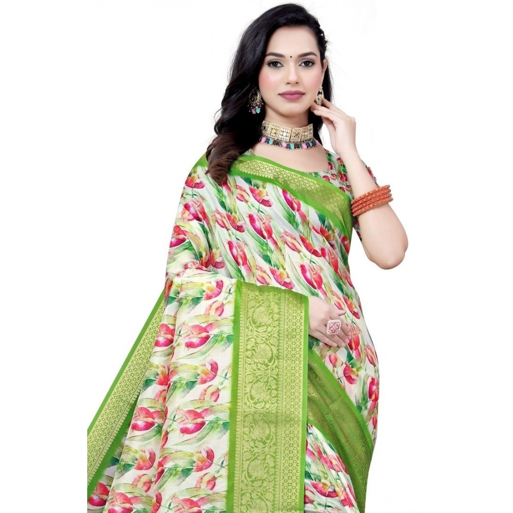 Women’s Cotton Silk Floral Printed Saree With Unstitched Blouse 5.5Mtr (Green-White)