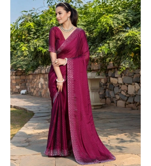 Generic Women's Rangoli Diamond Weaving - Stone Work Saree With Unstitched Blouse 5.5Mtr (Maroon)