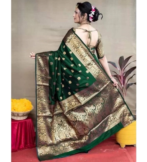 Generic Women's Soft Litchi Silk Jacquard Work Saree With Unstitched Blouse 5.5Mtr (Green)