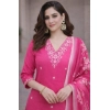 Generic Women's Chanderi Silk Ethnic Motif V-Neck 3/4th Sleeve Kurti With Pant Dupatta Set (Pink)