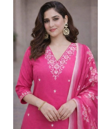 Generic Women's Chanderi Silk Ethnic Motif V-Neck 3/4th Sleeve Kurti With Pant Dupatta Set (Pink)