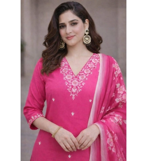 Generic Women's Chanderi Silk Ethnic Motif V-Neck 3/4th Sleeve Kurti With Pant Dupatta Set (Pink)