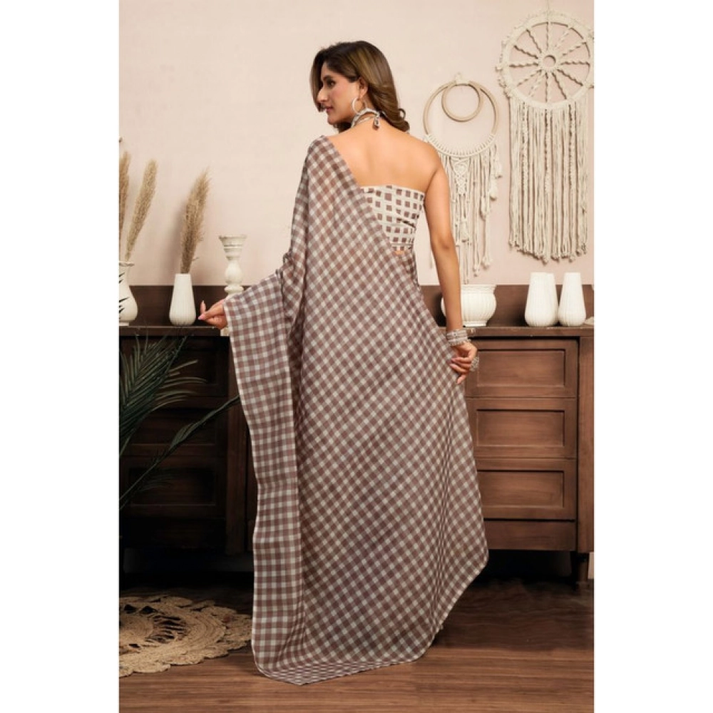 Generic Women's Linen Cotton Printed Ready To Wear With Pocket Saree With Unstitched Blouse 5.5 Mtr (Light_Brown)