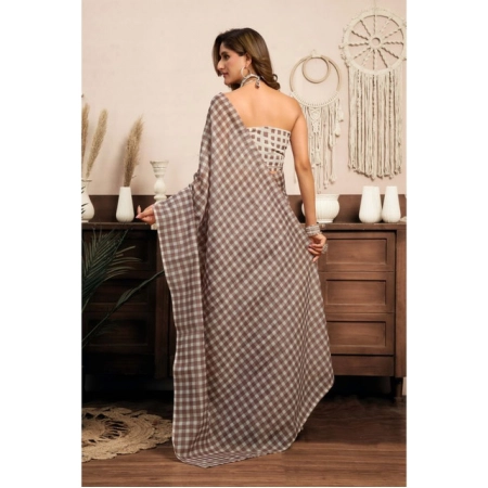 Generic Women's Linen Cotton Printed Ready To Wear With Pocket Saree With Unstitched Blouse 5.5 Mtr (Light_Brown)