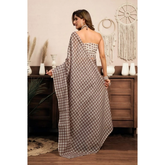 Generic Women's Linen Cotton Printed Ready To Wear With Pocket Saree With Unstitched Blouse 5.5 Mtr (Light_Brown)