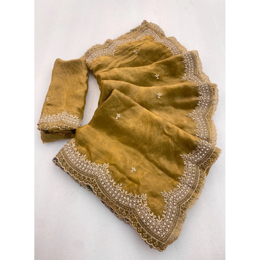 Generic Women's Satin Embellished Saree With Unstitched Blouse 5.5Mtr�(Olive-Green)
