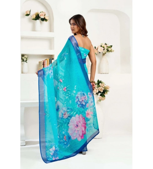Generic Women's Linen Cotton Printed Ready To Wear Saree With Unstitched Blouse 5.5 Mtr (Light_Aqua_Blue)