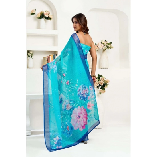 Generic Women's Linen Cotton Printed Ready To Wear Saree With Unstitched Blouse 5.5 Mtr (Light_Aqua_Blue)