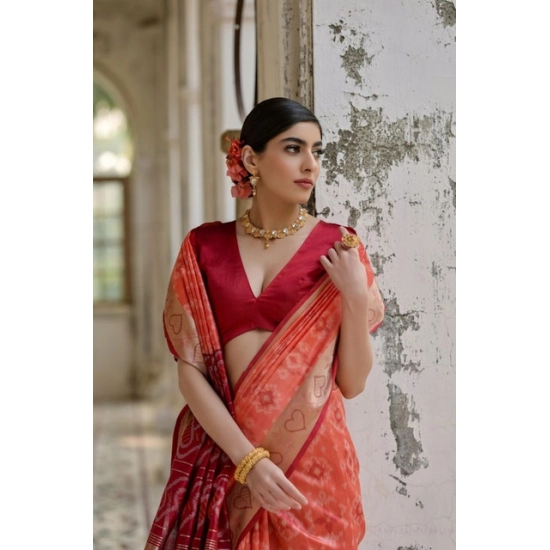 Generic Women's Silk_Blend Ethnic Ikat Pattern Saree With Unstitched Blouse 5.5Mtr (Orange)