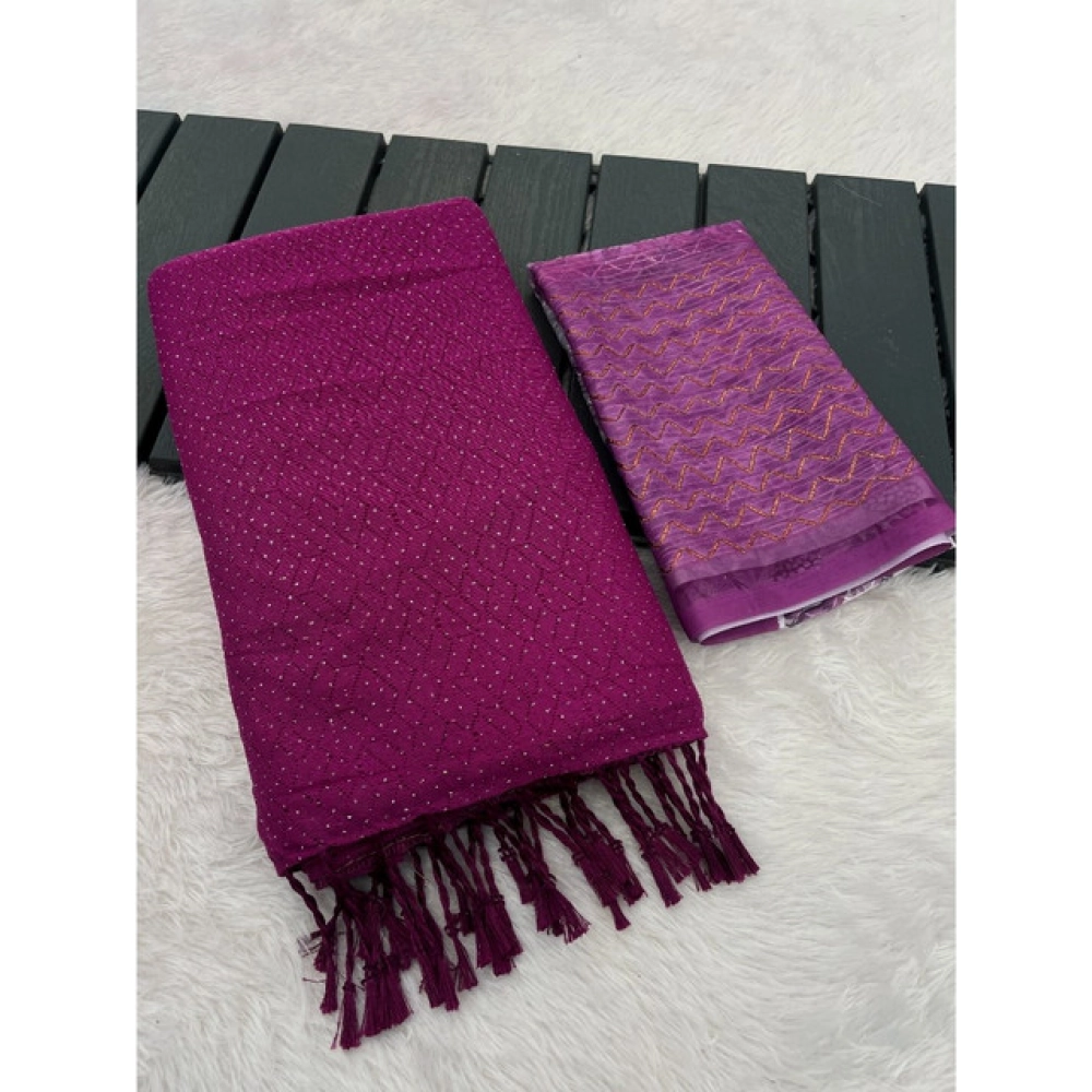 Women's Chiffon Zigzag lines Saree With Unstitched Blouse 5.5Mtr (Pink)