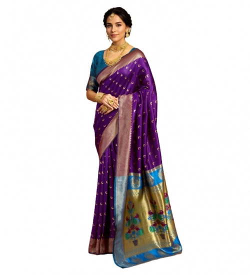 Generic Women's Silk Blend Zari Woven Saree With Unstitched Blouse 5.5Mtr (Purple)
