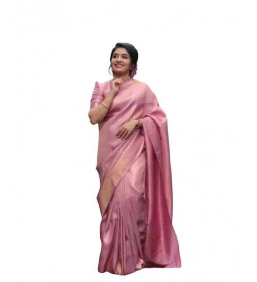 Generic Women's Soft Litchi Silk Jacquard Work Saree With Unstitched Blouse 5.5Mtr (Pink)