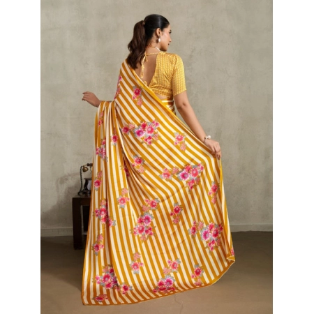 Women's Satin Crepe Printed Saree With Unstitched Blouse 5.5Mtr (Mustard)