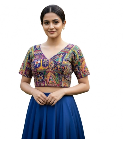 Generic Women's Crepe Position Print V Neck Short Sleeve Readymade Blouse (Purple 38 Ready , Alterable 36–40)-PID65823