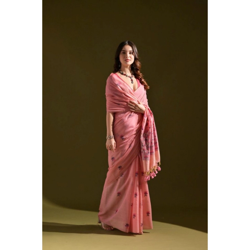 Women's Blended_Cotton Floral Saree With Unstitched Blouse 5.5Mtr (Pink)