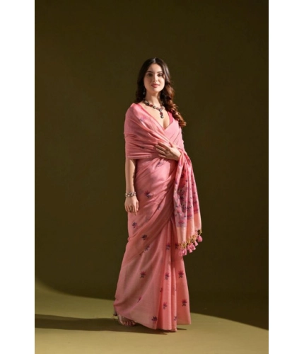 Generic Women's Blended_Cotton Floral Saree With Unstitched Blouse 5.5Mtr (Pink)