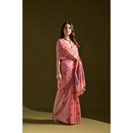 Generic Women's Blended_Cotton Floral Saree With Unstitched Blouse 5.5Mtr (Pink)