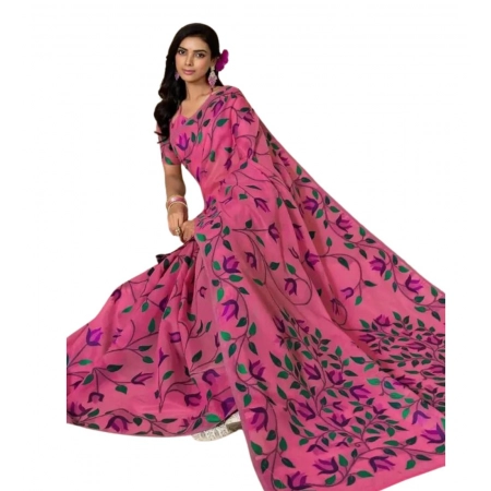 Generic Women's Georgette Printed Saree With Unstitched Blouse 5.5Mtr (Pink)
