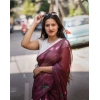 Generic Women's Linen Printed Saree With Unstitched Blouse 5.5Mtr (Brown)