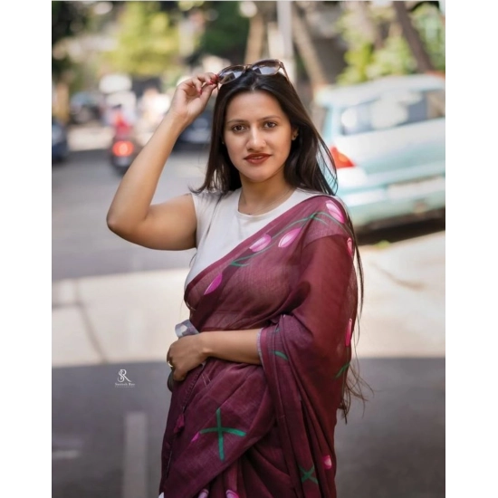 Generic Women's Linen Printed Saree With Unstitched Blouse 5.5Mtr (Brown)