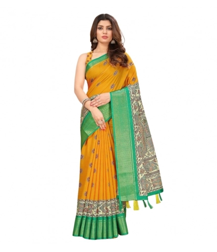 Generic Women's Cotton Silk Printed Saree With Unstitched Blouse 5.5Mtr (Yellow)