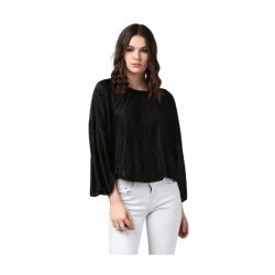 Generic Women's Polyester Pleated Balloon Sleeve Top (Black)