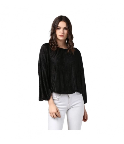 Generic Women's Polyester Pleated Balloon Sleeve Top (Black)